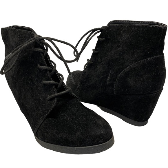 Madden Girl Shoes - Madden Girl Black Velvet Wedge Lace Up Boots- 8.5